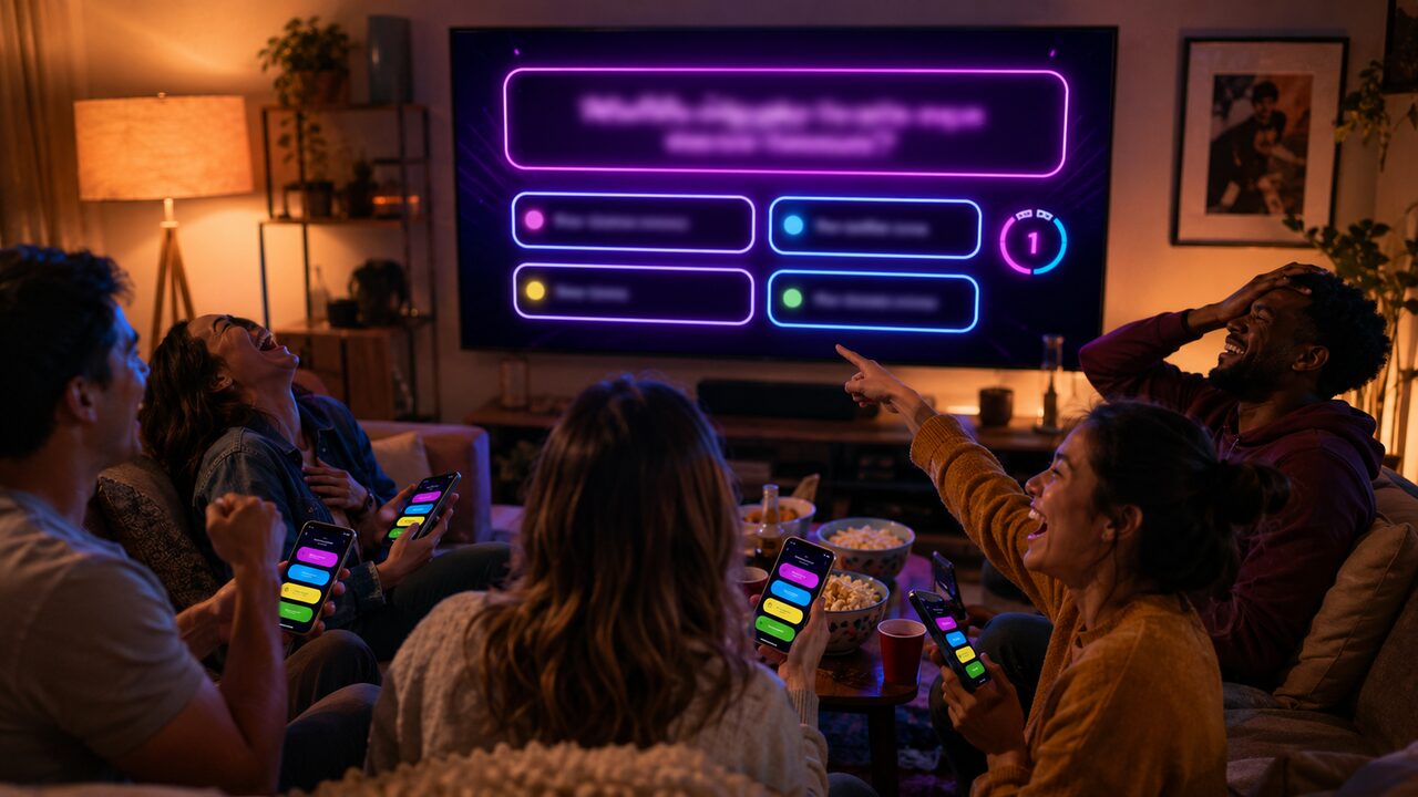 Friends on a couch laughing with phones lit up while the TV shows a question