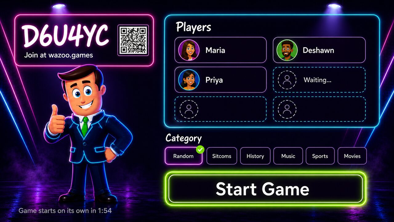 Lobby screen with a six-letter room code, QR code, joined players, and category picker