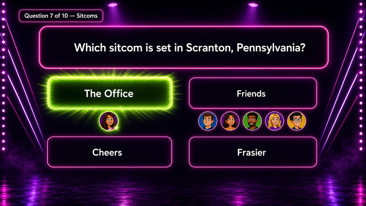 Reveal screen: the correct answer flares green while player avatars stack under the answers they picked