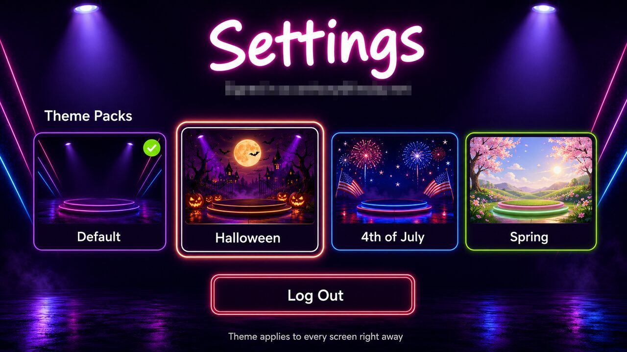 Settings screen showing Halloween, 4th of July, and Spring theme packs