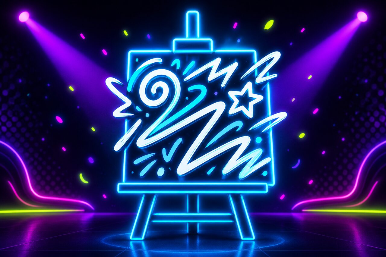 A gloriously messy scribble celebrated on a glowing easel