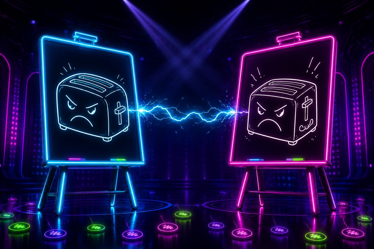 Two neon easels facing off with an energy arc between them
