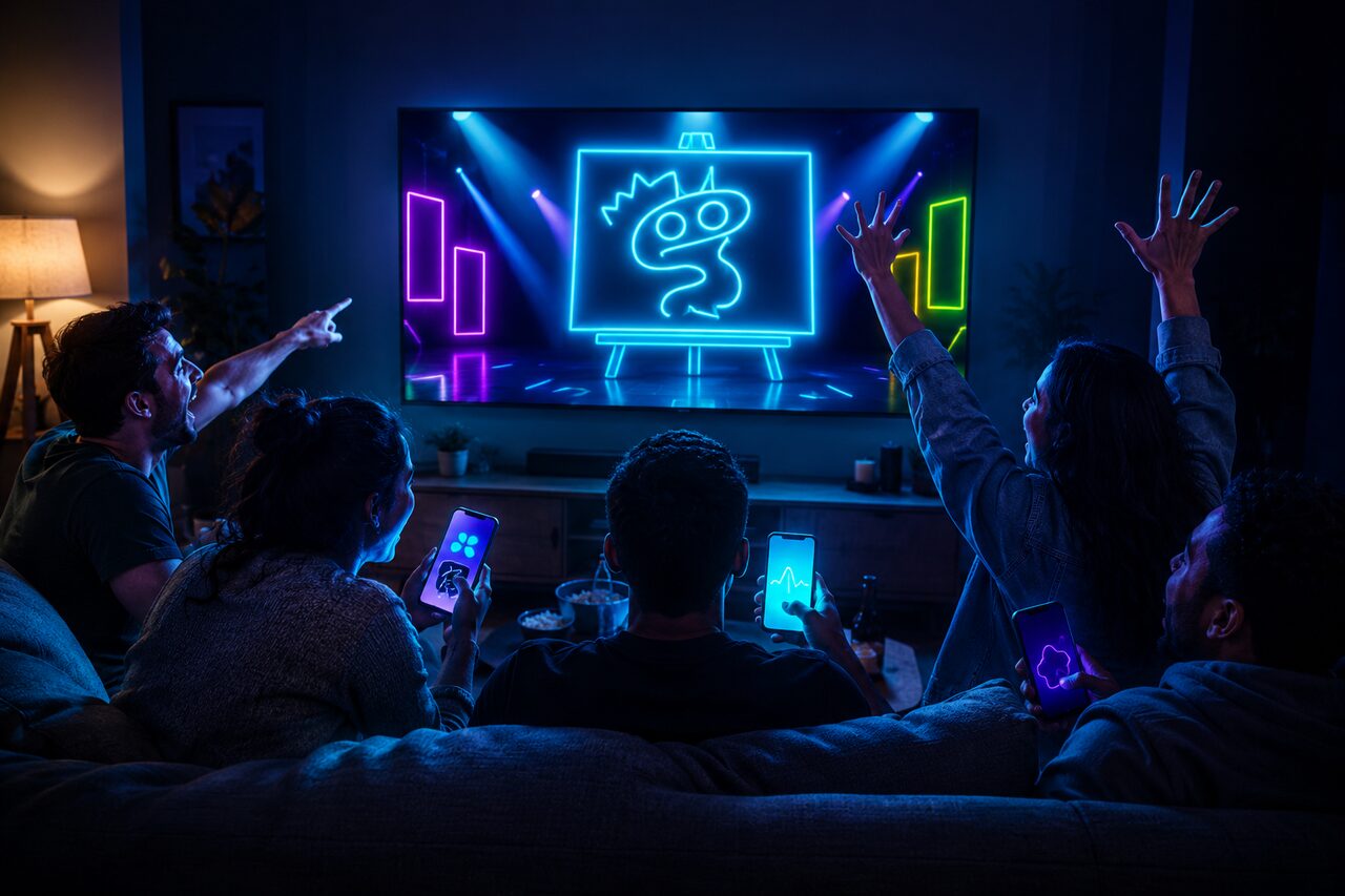 Friends on a couch lit by phone screens, laughing at a drawing on the TV
