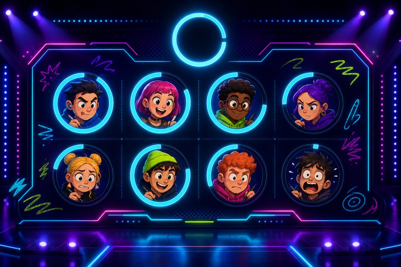 TV screen with eight player avatars ringed by ink meters draining at different speeds