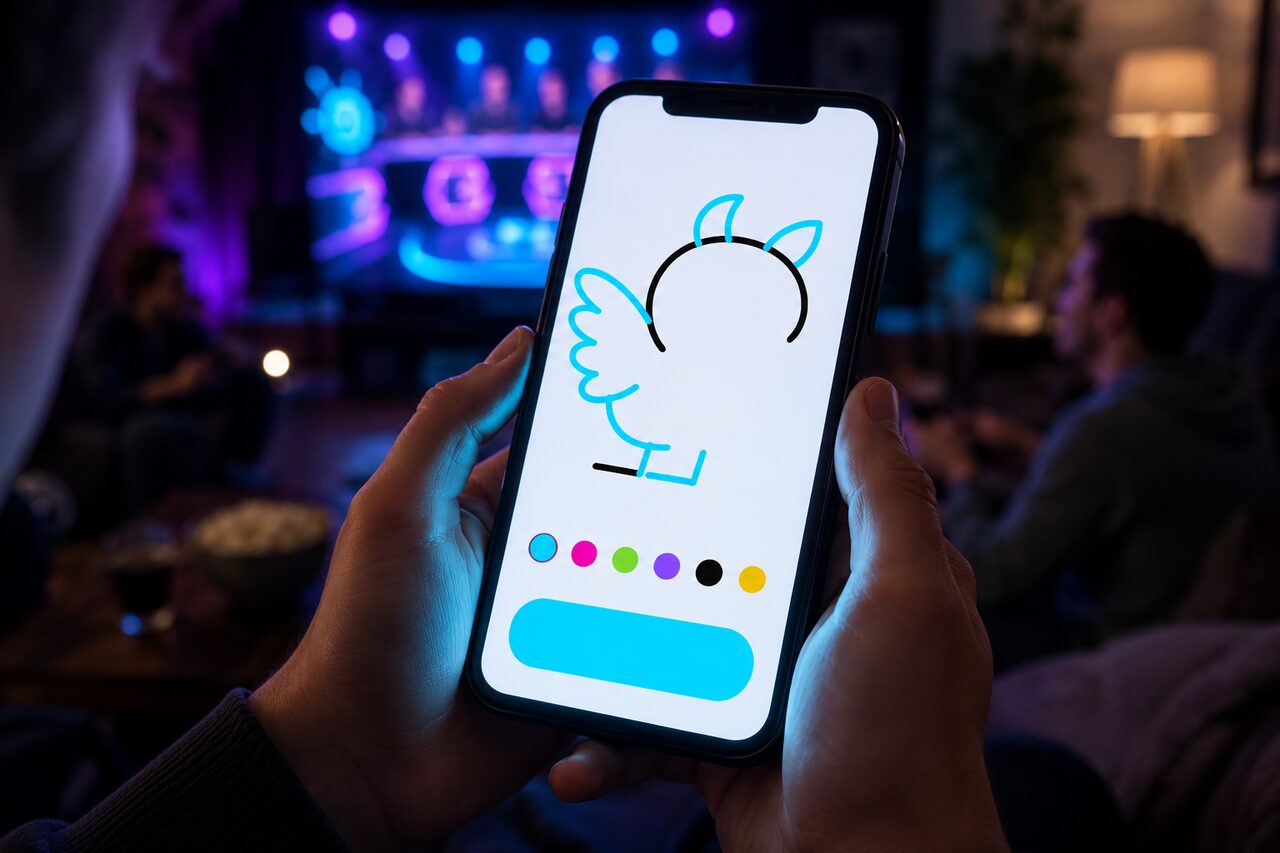 Hands drawing on a phone canvas in a dim living room, TV glowing in the background