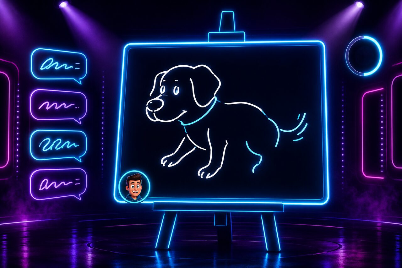 TV reveal screen: a drawing paints itself onto a neon easel while guesses float up beside it